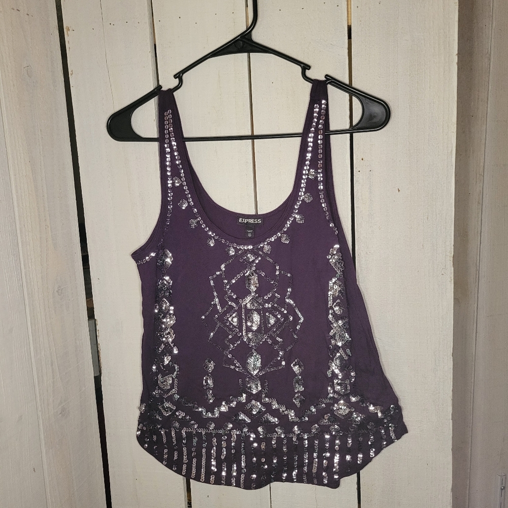 Express. XS, Plum Purple, Sequin, Tank Top, Scoop neck,